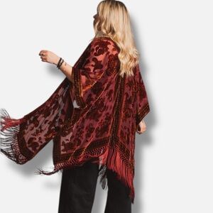 Red Floral Long Fringe Velvet Kimono Jacket NWT